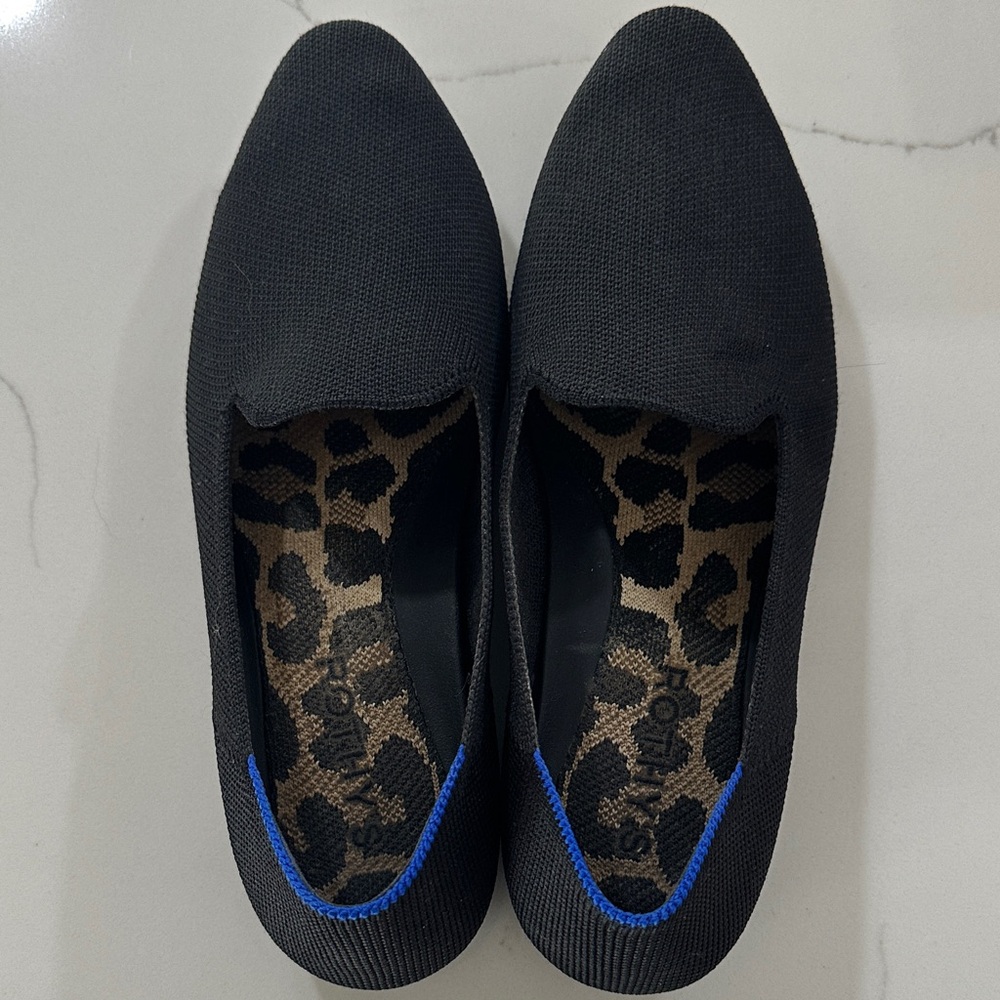 Rothy's Black Knit Slip-On Flats with Blue Trim and Leopard Insole